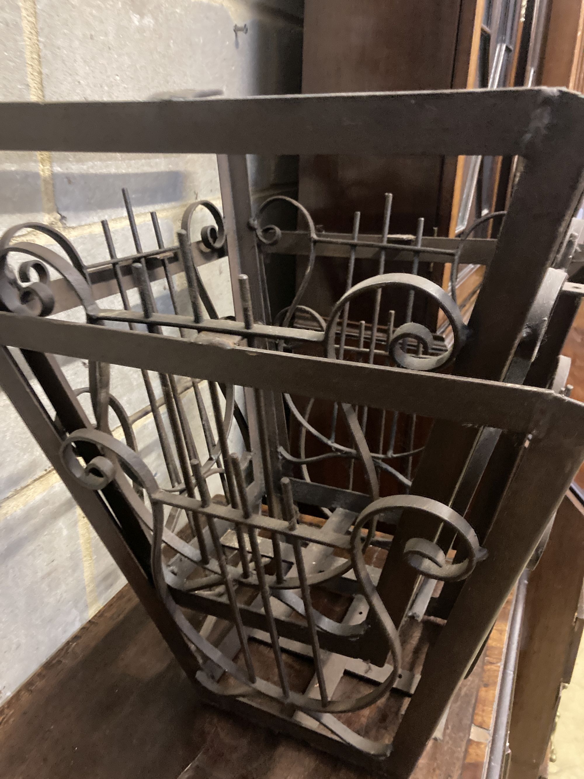 A pair of square wrought iron lyre baskets, width 39cm, height 41cm